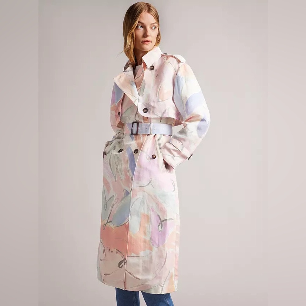 NWT $575 Ted Baker Myiah Abstract Floral Linen Blend Trench Coat